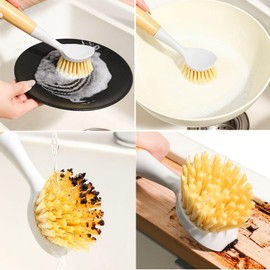 2 Pack Kitchen Dish Brush+1 Pair Reusable Rubber Gloves,Kitchen Cleaning Sets,Bamboo Handle Dish Scrubber Built-in Scraper, Scrub Brushes for Pans Pots Sink Dishwashing,Range Hood (White&Black)