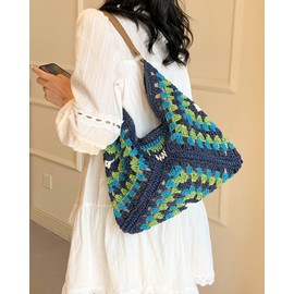 Rejolly Straw Hobo Bag for Women Tote Bag Summer Vacation Beach Handbags Boho Bohemian Style Shoulder Purse Navy Blue