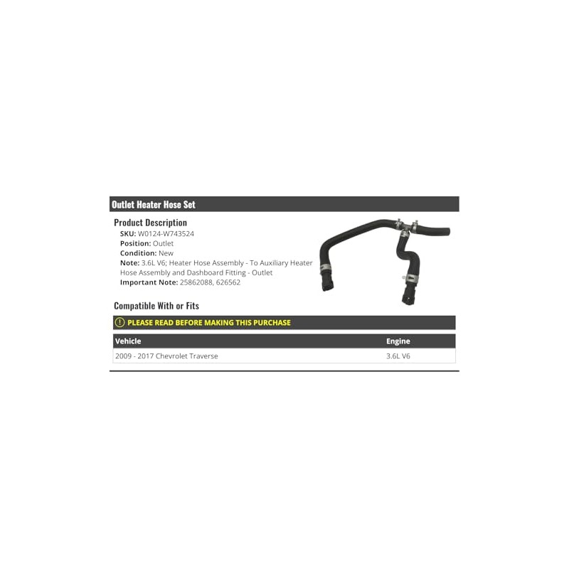 Outlet Heater Hose Set - Compatible with 2009-2017 Chevy Traverse