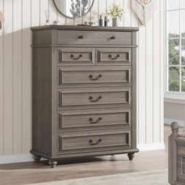 Jocoevol Farmhouse Dresser for Bedroom 7 Drawer Dresser with Deep Drawers, Tall Grey Dresser Big Large Wooden Dresser Chest of Drawers for Living Room, Hallway, Entryway (Grey, 7 Drawer)