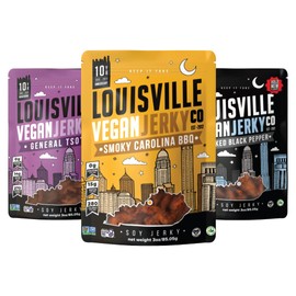 Louisville Vegan Jerky, Variety Pack – 3 Pack Includes Smoky Carolina BBQ, Smoked Black Pepper, General Tso - Non-GMO Soy Protein – Gluten-Free Ingredients, High Protein Vegan and Vegetarian Meat Jerky Snacks (3 oz, 3-Pack)