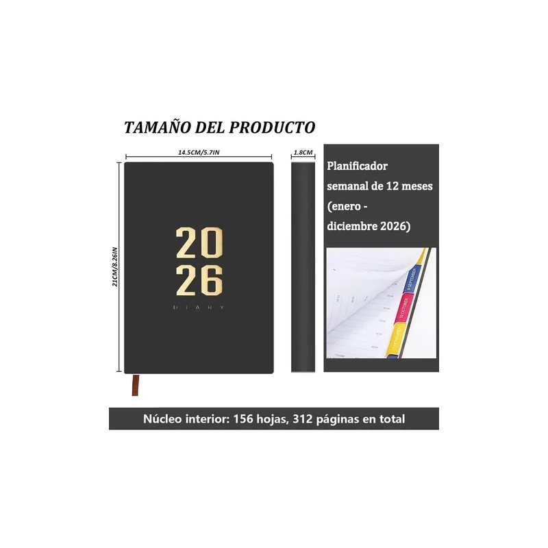 Agenda 2026 Negra A4 para Organización Diaria con Páginas Personalizadas