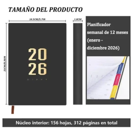 Agenda 2026 Negra A4 para Organización Diaria con Páginas Personalizadas