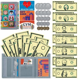 DEEKI Kids 37PCS Pretend Money with Wallet, Develop Wallet Toys for Boys and Girls Early Math Learning, Safe Purse with Fake Bills Coins and Gift Cards for Kids 3 4 5 6 7 8 9 Years Old -Block Animal