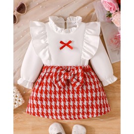 Coaturi Baby Girl Clothes Sets: 2 Piece Ruffle Sleeve Bowkont Shirts Mini Skirt Fall Winter Outfits for Toddler 9-48 Months(Red, 3-4Years)