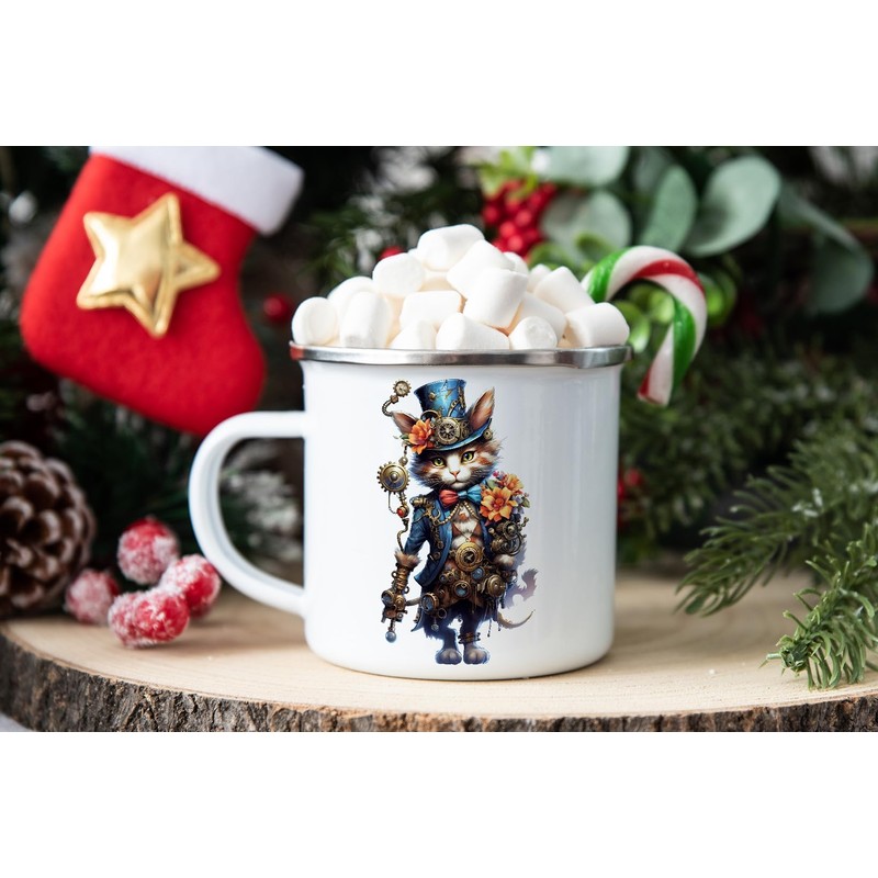 MAXIKIWI Langlebige Emaille-Kaffee- oder Tee-Camping-Tasse für drinnen und draußen, Steampunk-Katzen-Motiv,