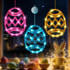 Paquete de 3 luces de Pascua para ventana con temporizador, funciona con pilas, LED colgantes, color rosa, amarillo, azul, con forma de huevo iluminado, decoración interior del hogar