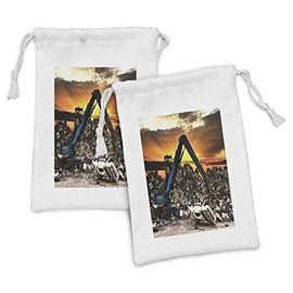 Lunarable Industrial Fabric Pouch Set of 2, Car Recycling to the Dump Dramatic Scene at the Sunset Crane Junkyard, Small Drawstring Bag for Toiletries Masks and Favors, 9" x 6", Blue Orange Black