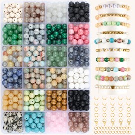 EUES 8 mm Beads for Bracelets, Multicoloured Beads, Glass Beads for Crafts, 24 Colours, Synthetic Gemstone Beads for Crafts, Glass Beads for Bracelets, Necklaces, Jewellery Making