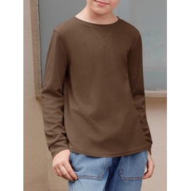 Haloumoning Kids Boys Casual T Shirts Waffle Knit Long Sleeve Crewneck Cute Loose Fall Tee Tops 5-14 Years Brown