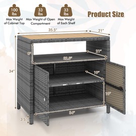 SILKYDRY Rattan Storage Cabinet, Outdoor & Indoor Sideboards with Acacia Wood Countertop & Open Compartment, Wicker Patio Buffet Storage Bar Table for Garden Kitchen Poolside Backyard (Grey)