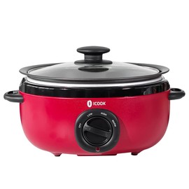 ICOOK USC-65-OP001RD 6.5 Quart Slow Cooker,Aluminium Sear/Sauté Stew Pot Stovetop safe,Dishwasher Safe,Glass Lid,Adjustable Temp,Food Warmer,RED