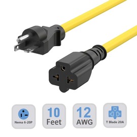 10-Ft Nema 6-20P Extension Cord 20-Amp 250Volt Nema 6-20 Heavy Duty Extension Cable 12AWG, (4 in 1) 6-15R, 6-20R, 5-20R, 5-15R T Blade Female 20AMP Plug Adapter Cord,250V 20A Plug AC Power Cable