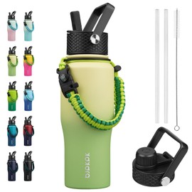 BJPKPK Insulated Water Bottles with Straw Lid, 23oz Metal Water Bottle with 2 lids & Paracord Strap, Double Wall Stainless Steel Vacuum Tumblers, Cups, Mugs, Thermo for Hot& Cold Drinks, Fresh Green