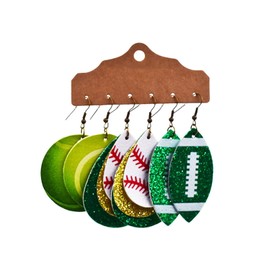 3Pairs Sporty Style Earrings, Glittering Sequin Leather Earrings, Rugby Basketball Baseball Football Cheerleaders Lightweight Multilayer Teardrop-Shaped Hook Dangling Jewelry-tennis