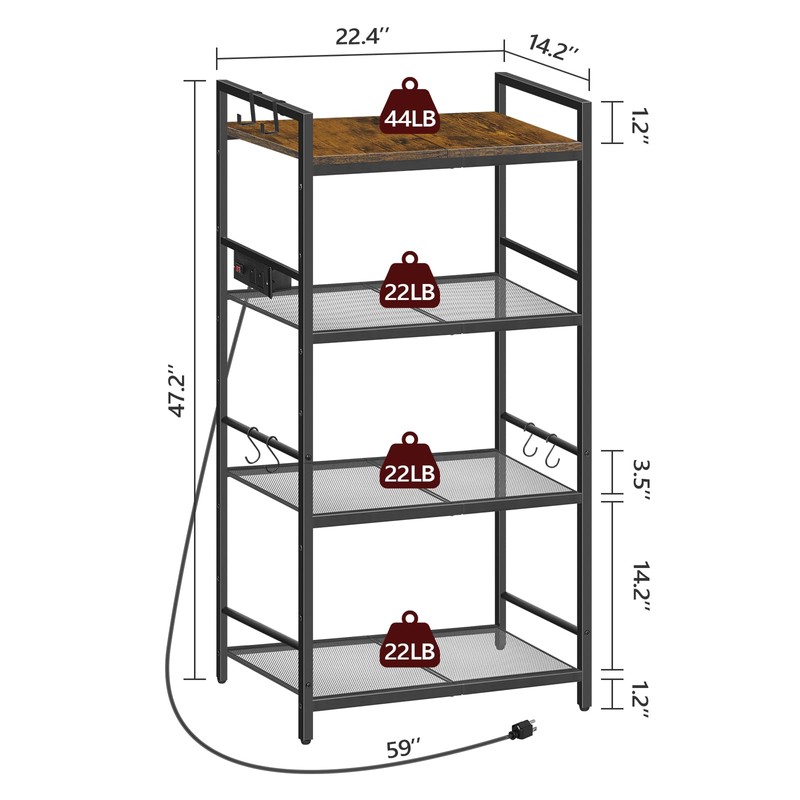 MAHANCRIS Bakers Rack with Power Outlet, Microwave Stand with Hooks,