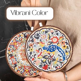 Colorful Ceramic Trivets for Hot Dishes - Set of 6 with Wooden Holder - Hot Plates for Countertop and Kitchen - Decorative Pads for Home