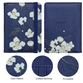 WALNEW Passport Holder Cover Wallet, RFID Blocking Leather Travel Document Organizer with Elastic Strap, Card Case for ID Credit Business Card, Boarding Passes (Blue Flowers)
