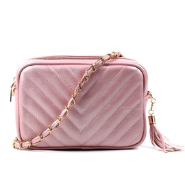 AOSSTA Women's Cross-Body Bag Designer Quilted Shoulder Bag for Women Handbag Tassel With Chain Strap (Pink, S)