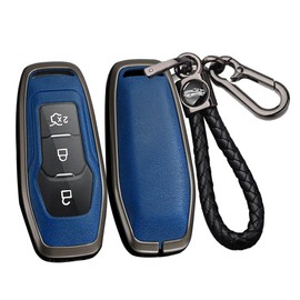 ontto Alloy Car Key fob Cover Fit for Ford Focus 3 4 ST Mondeo 5 MK5 Mustang F-150 Explorer Edge Fiesta Kuga MK3 4 Smart Leather Key case Shell key holder keyring keychain accessories Black-blue