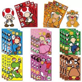 24 Pcs Mario Face Stickers Sheets for Kids Party Bags, Make Your Own Stickers Characters DIY Stickers for Party Favor Supplies Craft