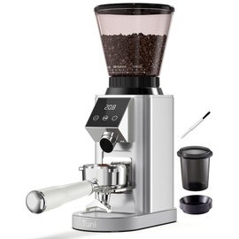 Tuni G1 Conical Burr Coffee Grinder, 48 Grind Settings Anti-static Burr Mill, Precision Electronic Timer and LED Touchscreen for Espresso/Drip/Cold Brew/French Press, Stainless Steel, Silver