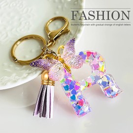 JINGUAZI Initial letter Keychains for Women Tassel Butterfly Pink Purple Cute Car Keychain for Wallet Backpack bag charm, R-purple, Keychains