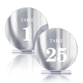 Mesa de boda acrílica con números 1-15 con soportes, espejo redondo de 4.8 pulgadas, letreros y soportes para recepción de boda, fiesta, evento, decoración de centro (plata, 1-25)