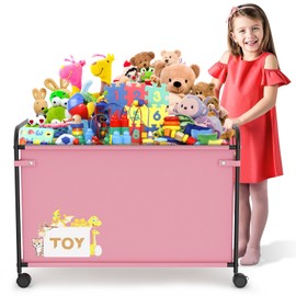 AIJIAMEIER 180L Kids Large Toy Box with Wheels, Metal & Oxford Cloth Big Toy Chest for Boys Girls, Toy Organizer with Wooden Handle for Bedroom, Living Room Area, Stuffed Animals, Clothes(Pink, 1PC)