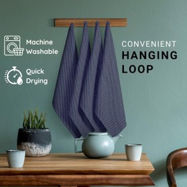 TWINY threads Kitchen Towels Set of 4, 100% Cotton Dotted Dish Towels, Soft, Tea Towels with Hanging Loop (18"X 28"), Washable Bar Towels for Table Cleaning, Dinning - Navy Blue