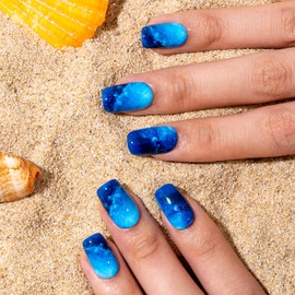 Curvlife Tip Press on Nails Acrylic Fake Nails with Design Full Cover False Nails for Women Reusable Nail Kit with Nail Glue Adhesive Tabs Nail File (blue sea, Medium)