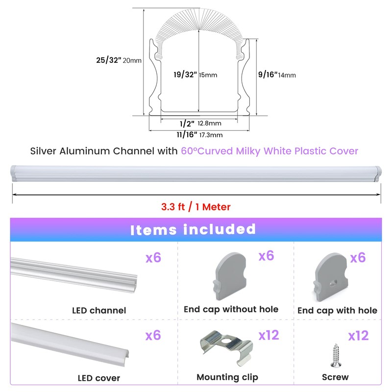 Muzata 6Pack 3.3FT/1M Excellent Spotless LED Channel with Thicker Milky