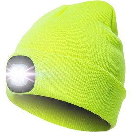 Mr. Gadget's Solutions LED Lighted Beanie Cap Knitted Hat with Light Hands Free 4 LED Headlamp for Camping Running Walking Fluorescent - Yellow