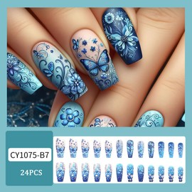 Long Press on Nails Blue Coffin Nails Press Ons Long Fake Nails with Flower Butterfly Designs Gradient Blue False Nails Matte Full Cover Reusable Artificial Acrylic Spring Stick on Nails for Women
