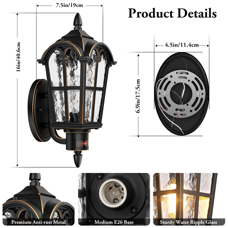 2-Pack Motion Sensor Outdoor Wall Lights, Dusk to Dawn Porch