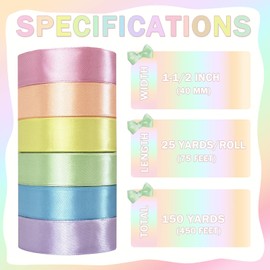 PURREITTI 150 Yards Macaron Satin Ribbon 1-1/2 Inch 6 Rolls Assortment Ribbons for Crafts Gift Wrapping Flower Bouquet Wedding Invitations Birthday Party Festival Decoration Hair Bows