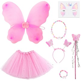 Fairy Costume Children, 7 Pieces Fairy Wings Children, Butterfly Costume Girls, Butterfly Wings, Fluffy Skirt, Headband, Wand Necklace, Bracelet, Tattoo Sticker for Girls 3-6 Years