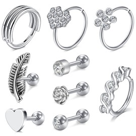 VFUN Tragus Earrings Stainless Steel 16 Gauge Helix Cartilage Ear Piercing for Women Opal Segment Clicker Nose Septum Lip Rings 10PCS - Silver