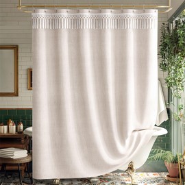 AmazerBath Beige Shower Curtains for Bathroom, Boho with Top Tassels, Farmhouse with Hooks, Neutral Faux Linen, Water Repellent, 72x72 Inches