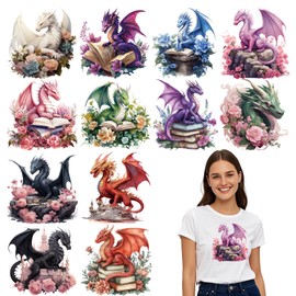 Falueqg Dragon Reading Iron on Transfers - 12Pcs Dtf Transfers Ready to Press, Dragon and Book Lovers Iron on Decals Patches for Tshirts, Funny Animal Heat Vinyl Transfer for DIY Clothing Bags Hats