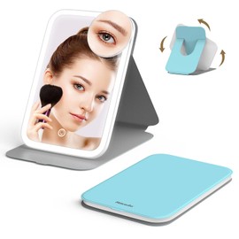 Mocado Travel Makeup Mirro with Lights, 360° Rotation Lighted Makeup Mirror, Portable Mirror with 10x Magnification, 60LEDs 3 Color Lightings, Dimmable Touch Screen, Tabletop Light up Mirror(Blue)