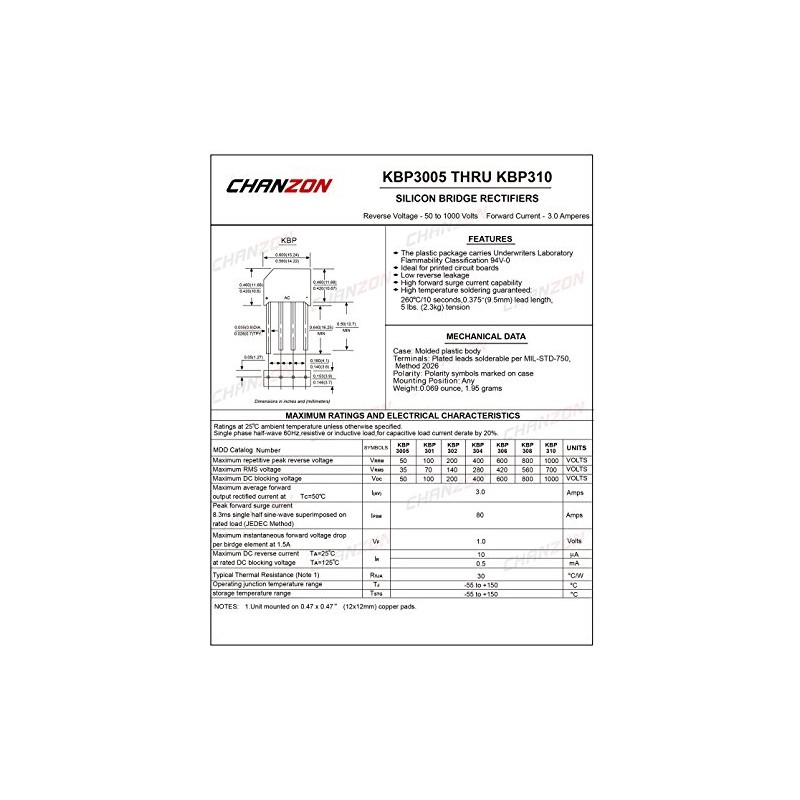 (Pack of 20) Chanzon KBP310 Bridge Rectifier Diode 3A 1000V