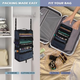 Surblue Travel Hanging Luggage Organizer Portable Suitcase Closet Organizer Multiple Compartments Collapsible Compression Packing Cubes Shelf, Navy, S