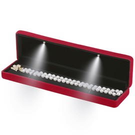 Classic Metal Glossy Jewelry Necklace Long Chain Gift Box with LED Light, Velvet Jewelry Pendant Storage Display Case for Proposal Engagement Wedding Anniversary Birthday Ceremony (Red)