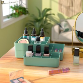 3 Pack Drawer Organizer for Holder Brushes, Lipstick, Lotions, Nail Polish Stackable Dividers, Small Vanity, Cosmetic Display Cases and Storage Boxes for Makeup Bedroom and Bathroom Countertops, Green