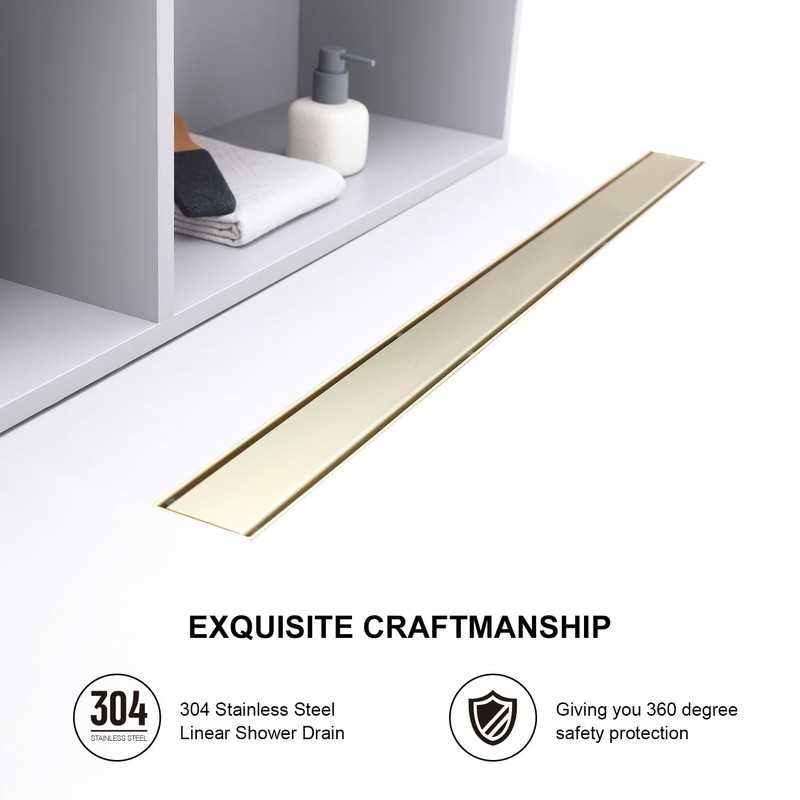 KIRLYSTONE 24-Inch Linear Shower Drain Brushed Gold, Rectangular Gold Shower