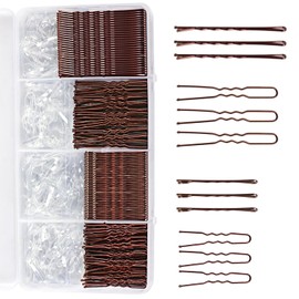 370PCS Brown Bobby Pins Kit, Hair Styling Accessories For Women, Including 125 U Shaped Pins, 125 Straight Clip And 120 Clear Elastic Hairbands, Multi Sizes BunPins For All Hair Types