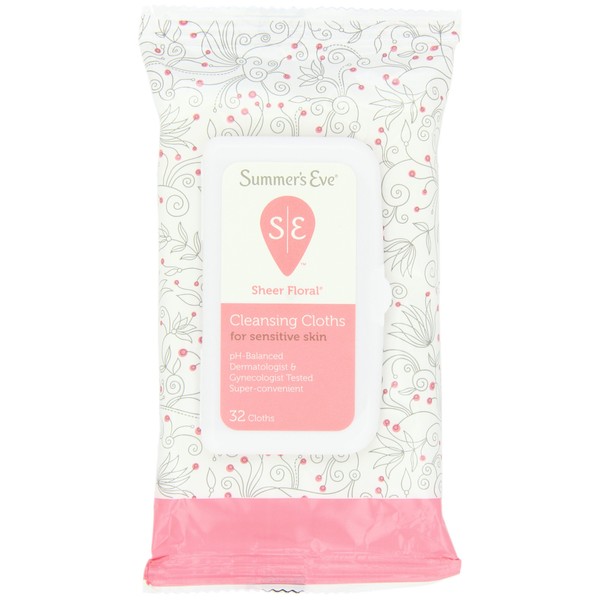Summer's Eve Cleansing Cloths for Sensitive Skin - PH-Balanced - Help Wipe Away Odor-Causing Bacteria - Doctor Tested - Sheer Floral Scent - 32 Count