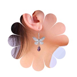 Cimenexe Bohemian Crystal Butterfly Dangle Earrings Silver Amethyst Butterfly Drop Earrings Tear CZ Rhinestone Earrings Metal Butterfly Hook Earrings Jewellery for Women and Women, Zinc, No Gemstone