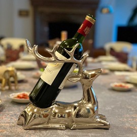 WHW Whole House Worlds Recumbent Deer Wine Holder, Single Bottle Display Rack, Silver, Hand Cast Aluminum Nickel, 11.75 Inches Long